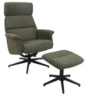 Grüner Relaxsessel mit passendem Hocker, seitliche Perspektive