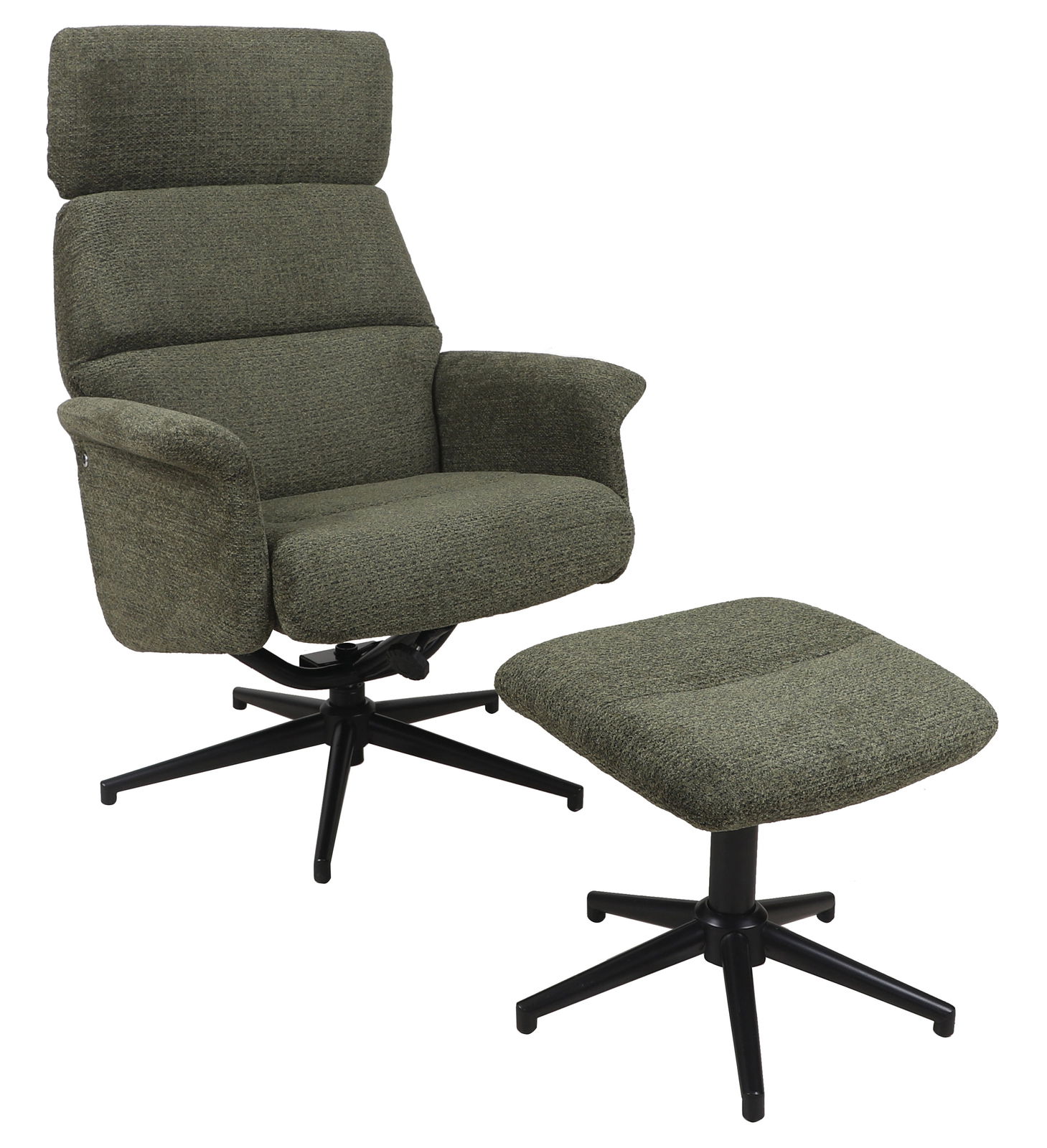 Grüner Relaxsessel mit passendem Hocker, seitliche Perspektive