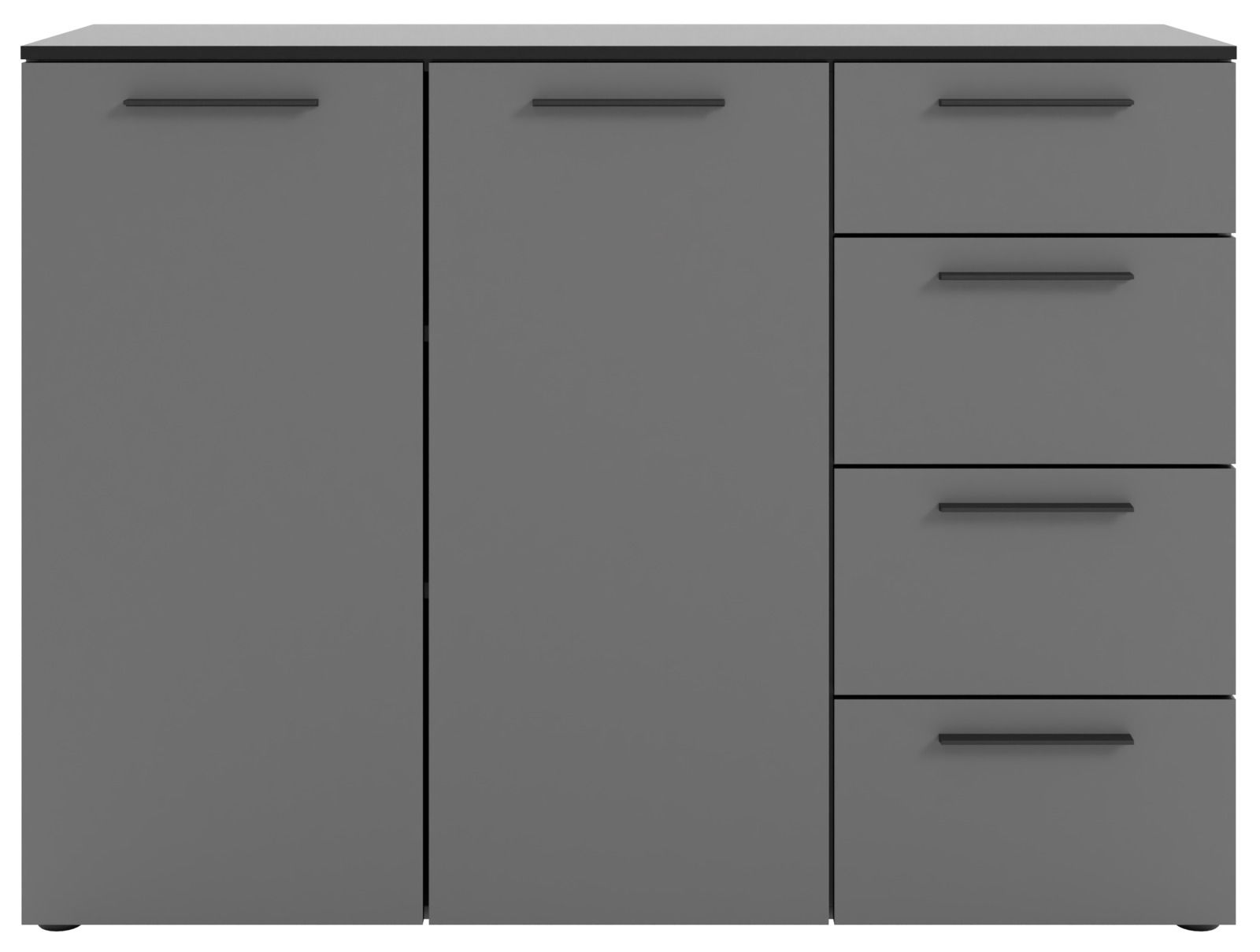 Graues Sideboard mit zwei Türen und vier Schubladen, Frontalansicht