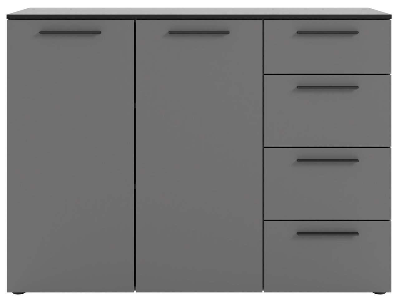 Graues Sideboard mit zwei Türen und vier Schubladen, Frontalansicht