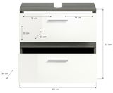 Waschbeckenunterschrank mit zwei Schubladen, Frontansicht, Maße: 60 cm Breite, 57 cm Höhe, 34 cm Tiefe