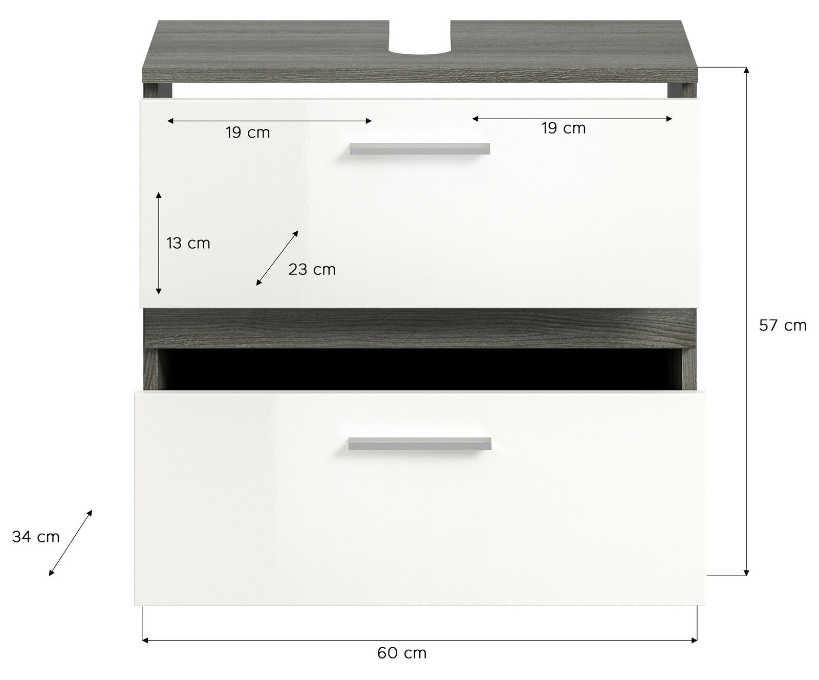 Waschbeckenunterschrank mit zwei Schubladen, Frontansicht, Maße: 60 cm Breite, 57 cm Höhe, 34 cm Tiefe