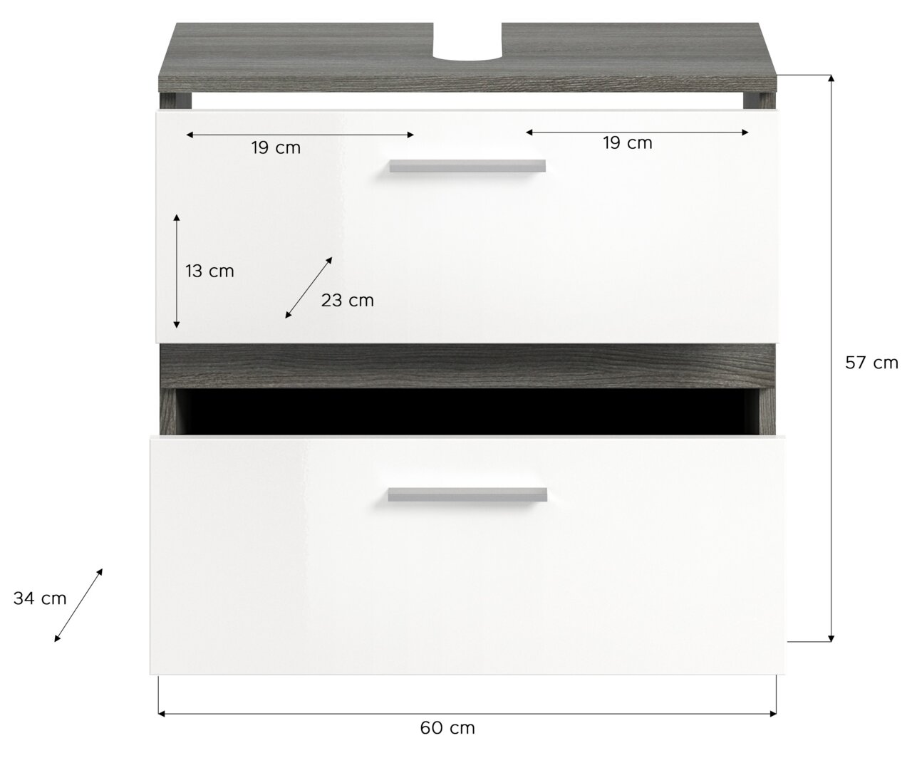 Waschbeckenunterschrank mit zwei Schubladen, Frontansicht, Maße: 60 cm Breite, 57 cm Höhe, 34 cm Tiefe
