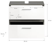 Waschbeckenunterschrank mit zwei Schubladen, Frontansicht, Maße: 60 cm Breite, 57 cm Höhe, 34 cm Tiefe