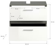 Waschbeckenunterschrank mit zwei Schubladen, Frontansicht, Maße: 60 cm Breite, 57 cm Höhe, 34 cm Tiefe