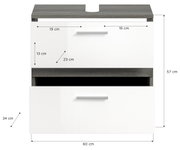 Waschbeckenunterschrank mit zwei Schubladen, Frontansicht, Maße: 60 cm Breite, 57 cm Höhe, 34 cm Tiefe