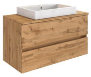 Waschtisch-Set aus Holz mit weißem Waschbecken, seitliche Perspektive