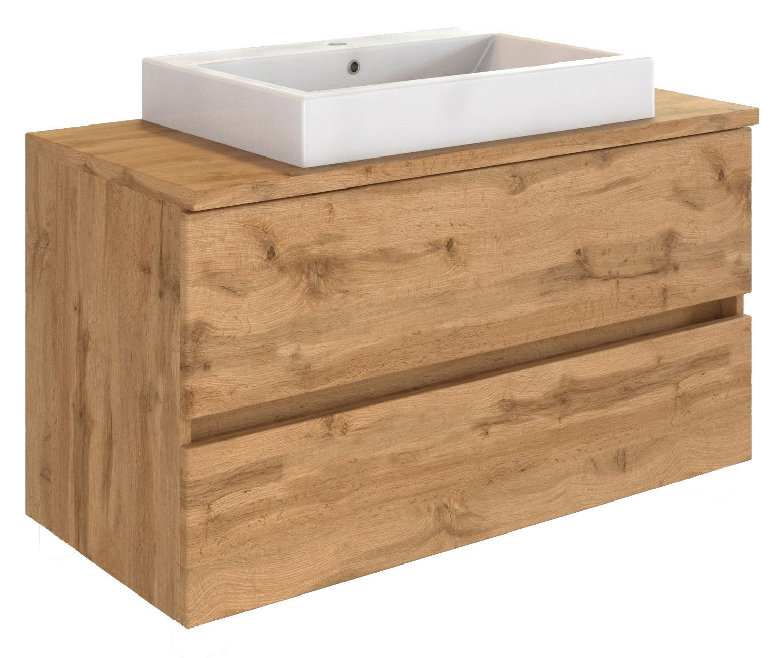 Waschtisch-Set aus Holz mit weißem Waschbecken, seitliche Perspektive