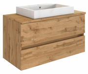 Waschtisch-Set aus Holz mit weißem Waschbecken, seitliche Perspektive