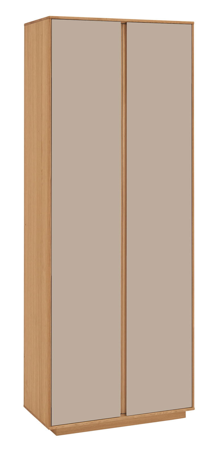 Moderner Garderobenschrank aus Holz mit zwei Türen, frontal abgebildet.