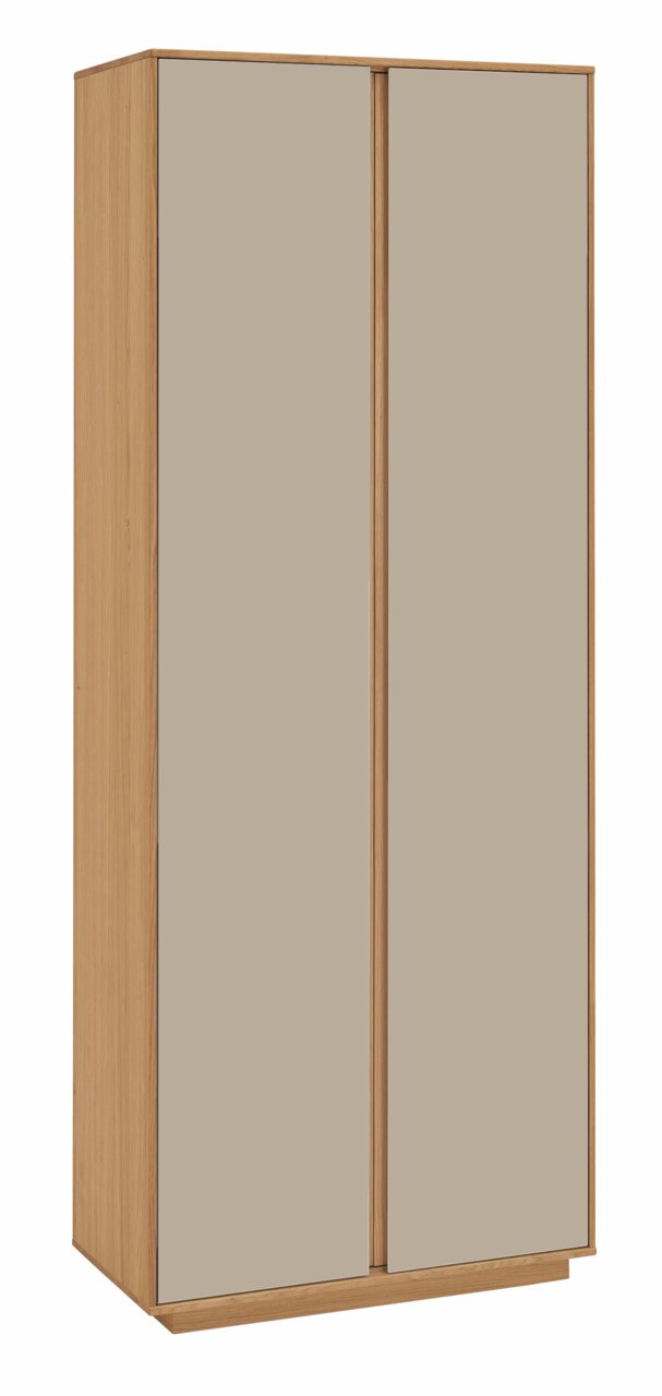 Moderner Garderobenschrank aus Holz mit zwei Türen, frontal abgebildet.
