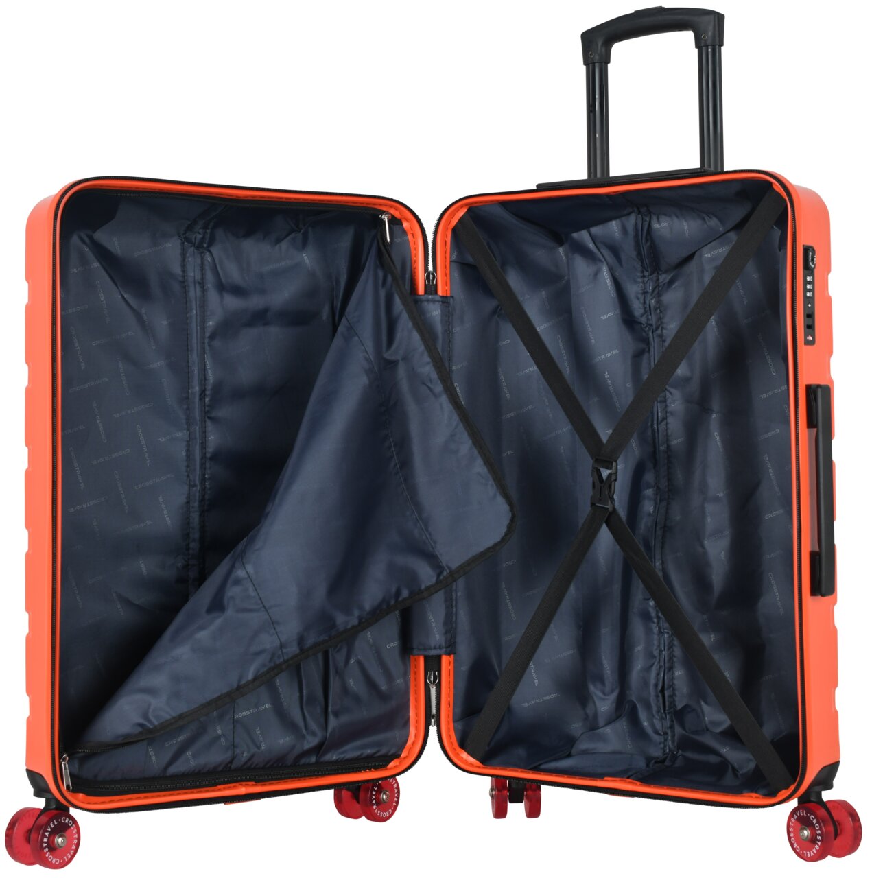 Open oranje harde koffer met donkerblauwe voering, een vak met ritssluiting en kruisbanden, bovenaanzicht vanaf de voorkant