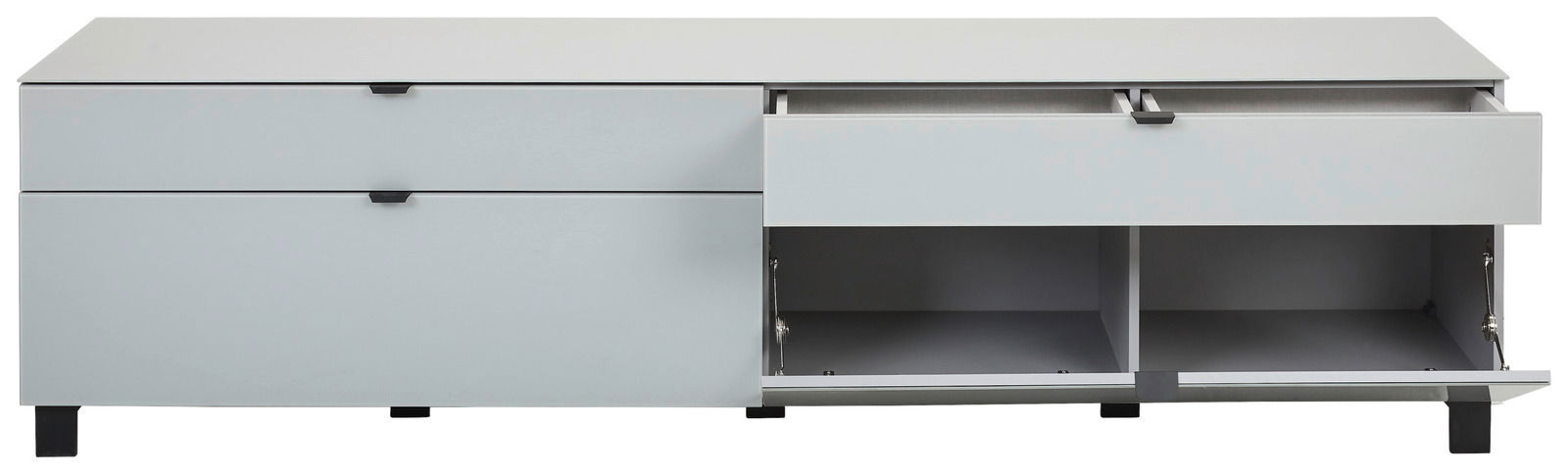 Modernes TV-Lowboard in grauer Farbe, frontale Ansicht mit offenen Schubladen und Fächern.