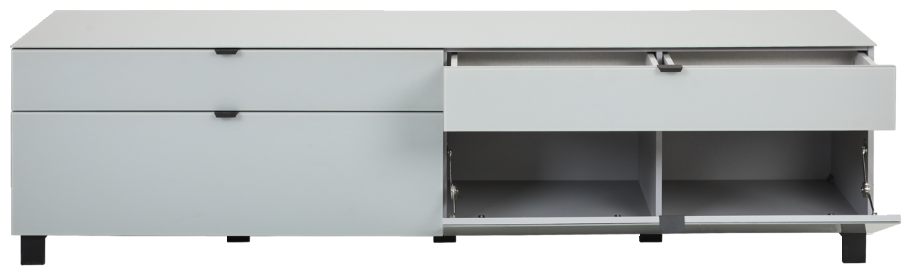Modernes TV-Lowboard in grauer Farbe, frontale Ansicht mit offenen Schubladen und Fächern.