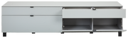 Modernes TV-Lowboard in grauer Farbe, frontale Ansicht mit offenen Schubladen und Fächern.
