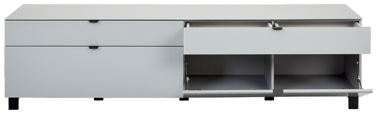 Modernes TV-Lowboard in grauer Farbe, frontale Ansicht mit offenen Schubladen und Fächern.