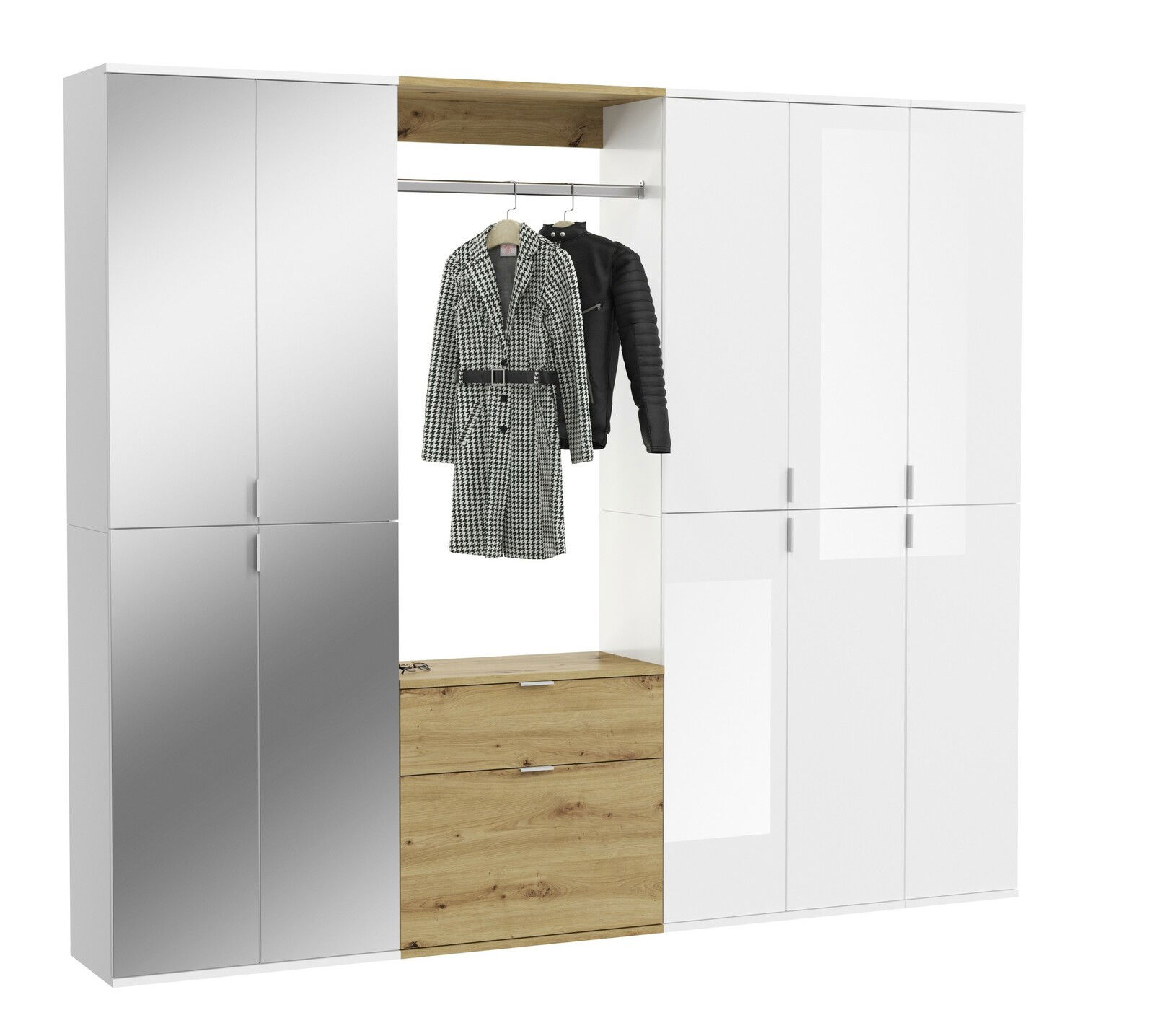 Garderobenkombination mit Spiegel- und Holzelementen, frontal betrachtet, mit hängenden Mänteln.