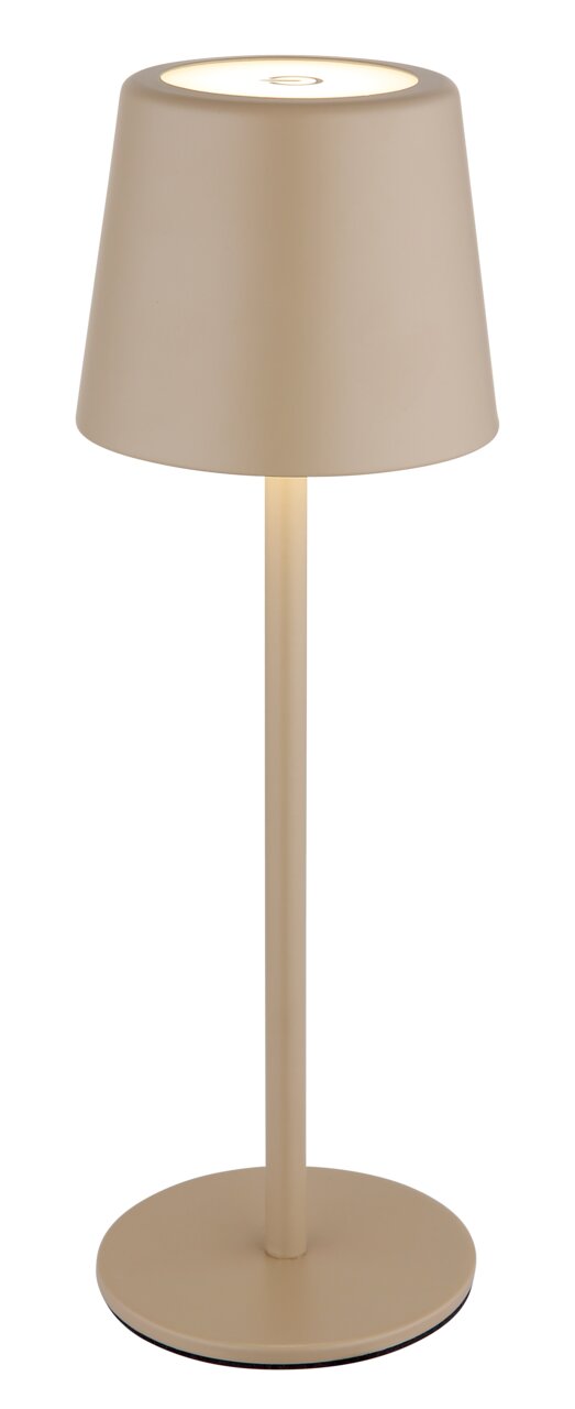 Moderne Tischleuchte in Beige, seitliche Perspektive
