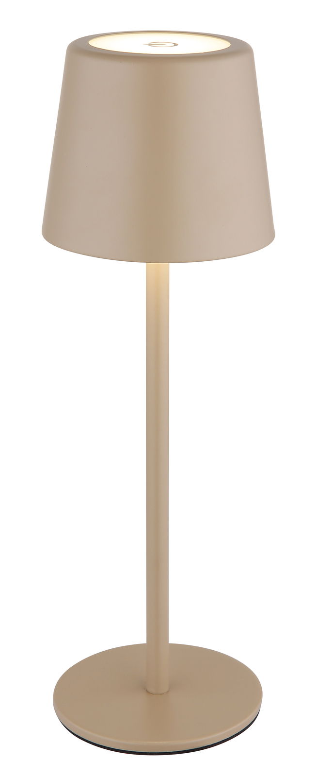 Moderne Tischleuchte in Beige, seitliche Perspektive