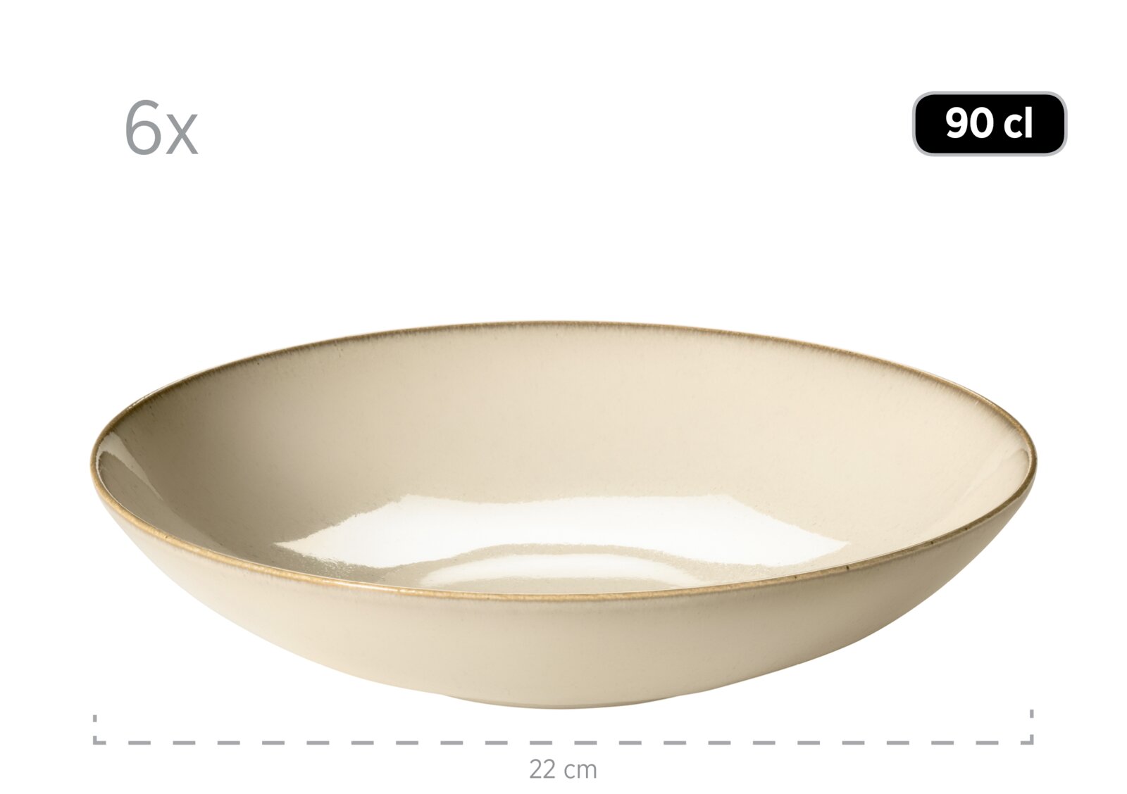 Beige Keramik-Schale mit leicht erhöhtem Rand und braunem Randabschluss, Ø ca. 22 cm, Fassungsvermögen 90 cl, im 6er-Set; gezeigt in Frontansicht leicht von oben vor weißem Hintergrund.