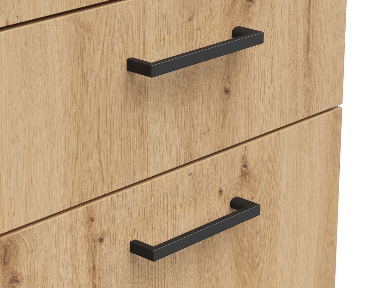 Nahaufnahme einer Kommode mit Holzoptik und schwarzen Griffen, seitliche Perspektive