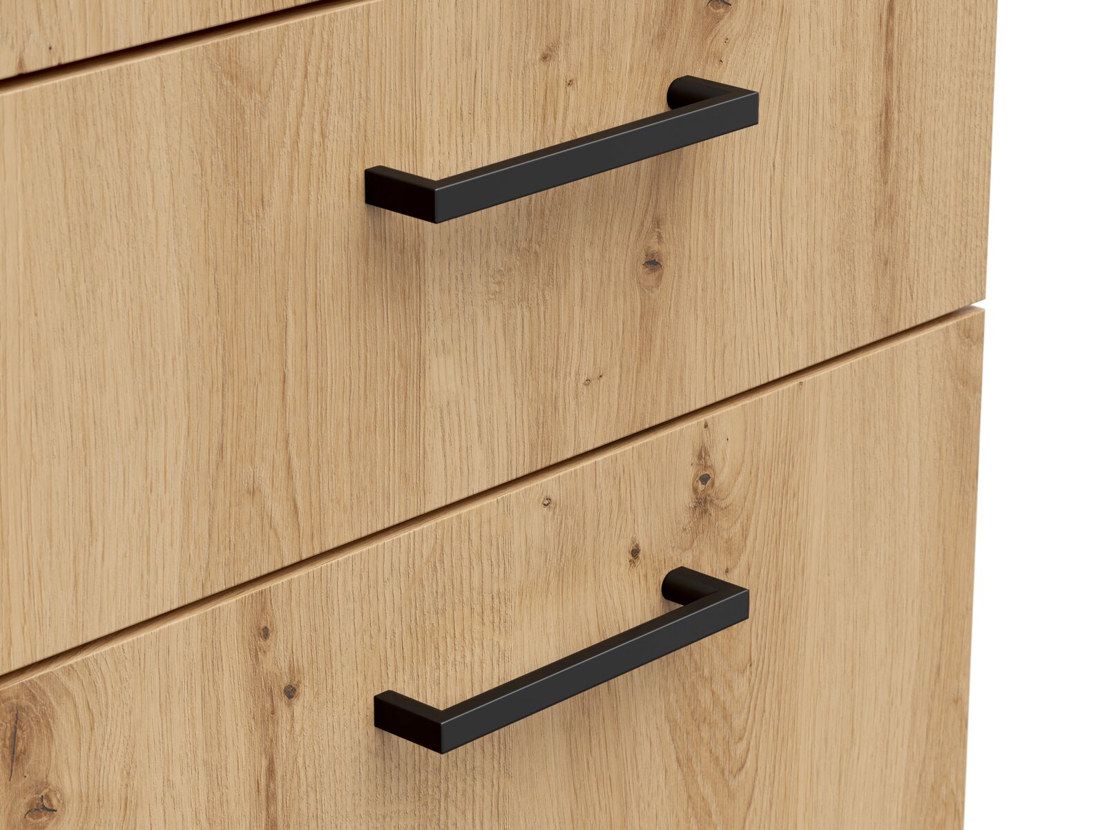 Nahaufnahme einer Kommode mit Holzoptik und schwarzen Griffen, seitliche Perspektive