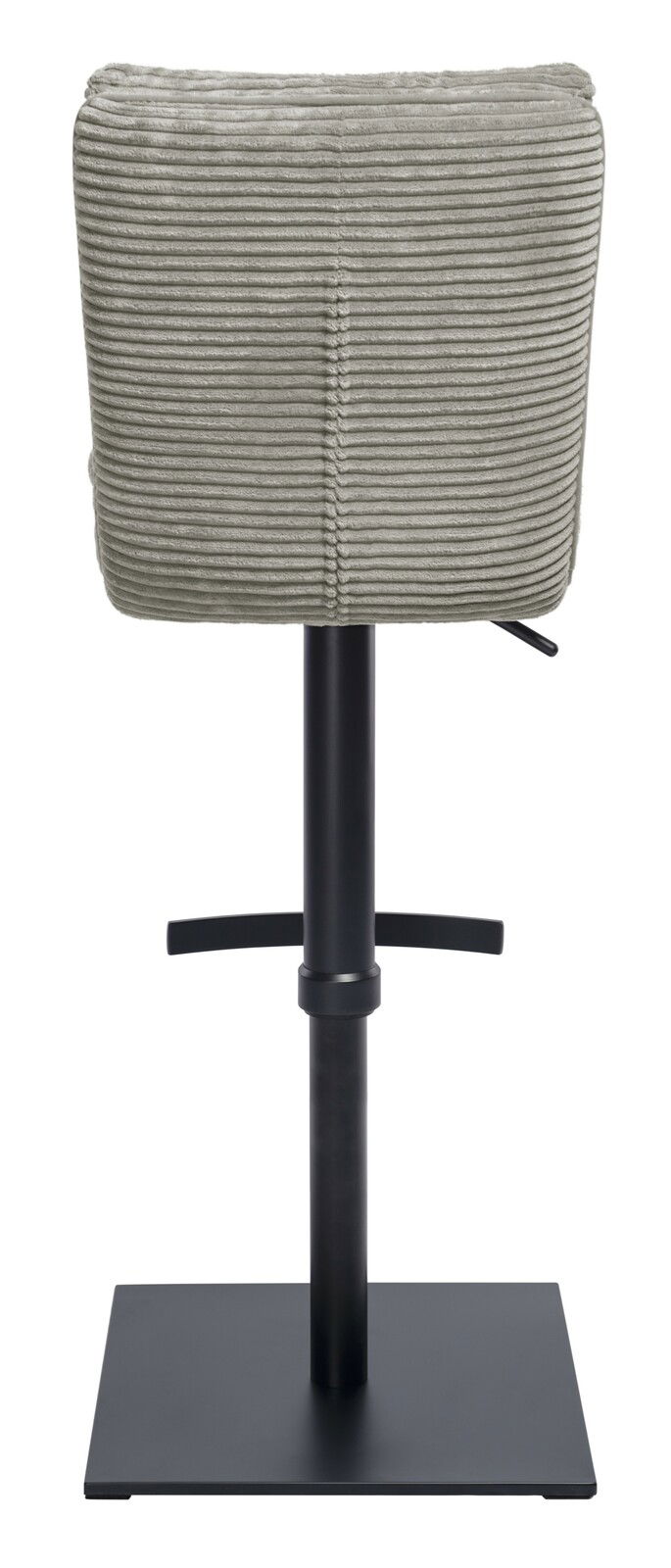 Rückansicht eines Barhockers mit grauem, geripptem Stoffbezug und schwarzem Metallgestell.