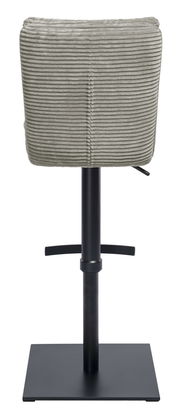 Rückansicht eines Barhockers mit grauem, geripptem Stoffbezug und schwarzem Metallgestell.