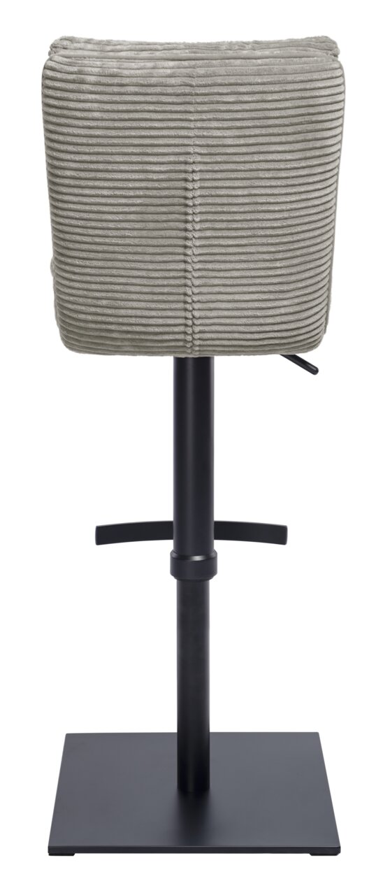 Rückansicht eines Barhockers mit grauem, geripptem Stoffbezug und schwarzem Metallgestell.