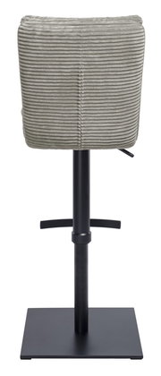 Rückansicht eines Barhockers mit grauem, geripptem Stoffbezug und schwarzem Metallgestell.