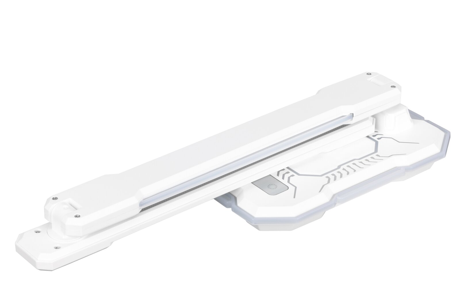 Weißer, futuristischer LED-Schreibtischlampenarm mit breiter Basis und transparenten Kanten, schräg von oben in Seitenansicht auf weißem Hintergrund