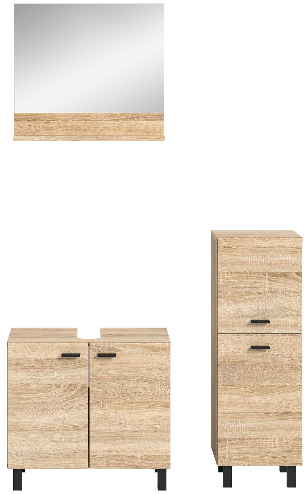 Badezimmermöbel-Set in Holzoptik, bestehend aus einem Spiegel, einem Unterschrank und einem Hochschrank, frontal abgebildet.