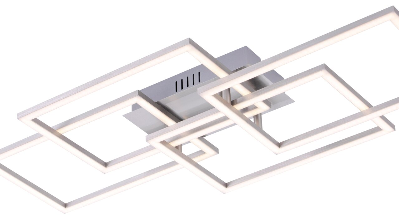 Moderne Deckenleuchte IVEN mit geometrischem Design aus rechteckigen Rahmen, seitliche Perspektive.