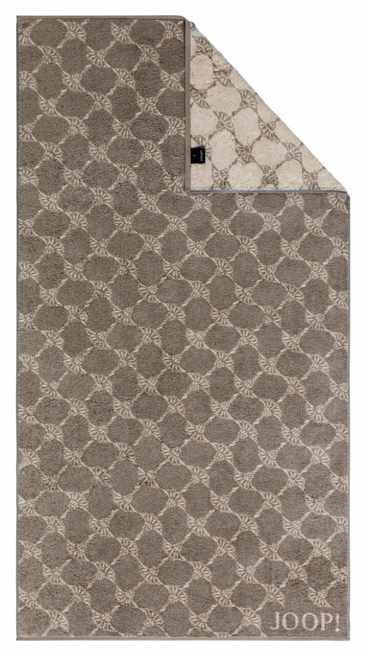 Duschtuch mit geometrischem Muster in Braun- und Beigetönen, Draufsicht
