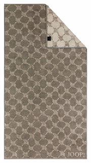 Duschtuch mit geometrischem Muster in Braun- und Beigetönen, Draufsicht