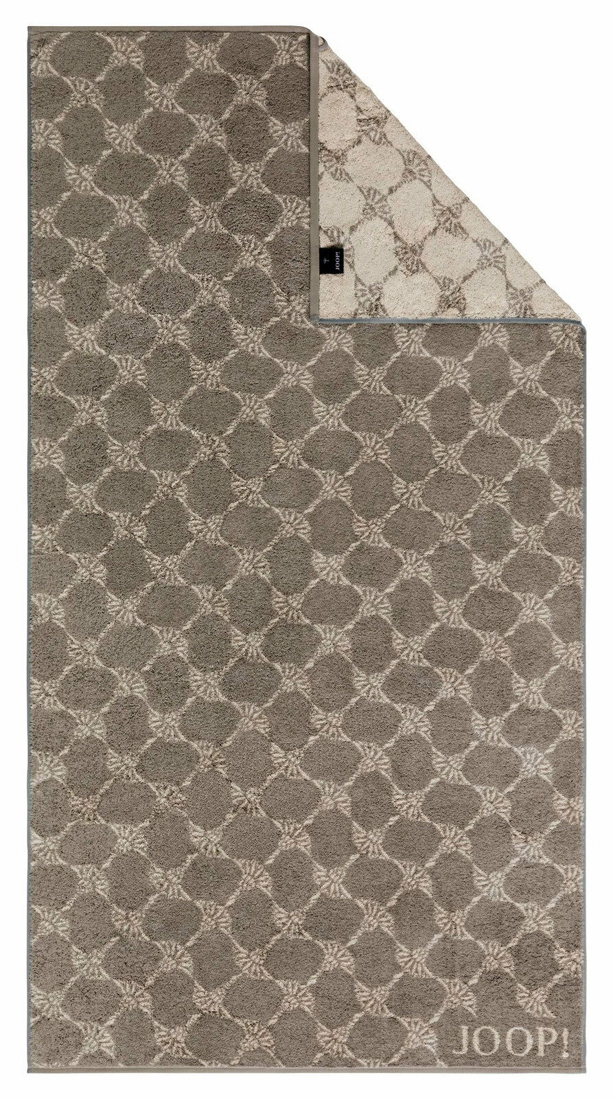 Duschtuch mit geometrischem Muster in Braun- und Beigetönen, Draufsicht