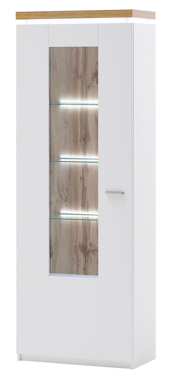 Moderne Vitrine mit weißem Korpus und Holzelementen, beleuchtet, Frontalansicht
