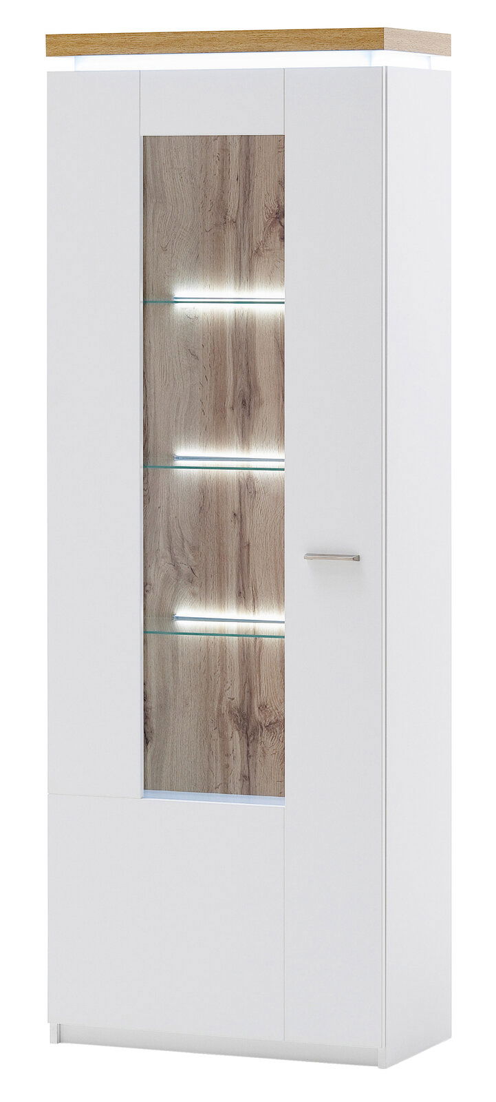 Moderne Vitrine mit weißem Korpus und Holzelementen, beleuchtet, Frontalansicht