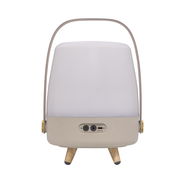 Tragbare Lampe mit Holzfüßen und Griff, Rückansicht mit Anschlüssen sichtbar