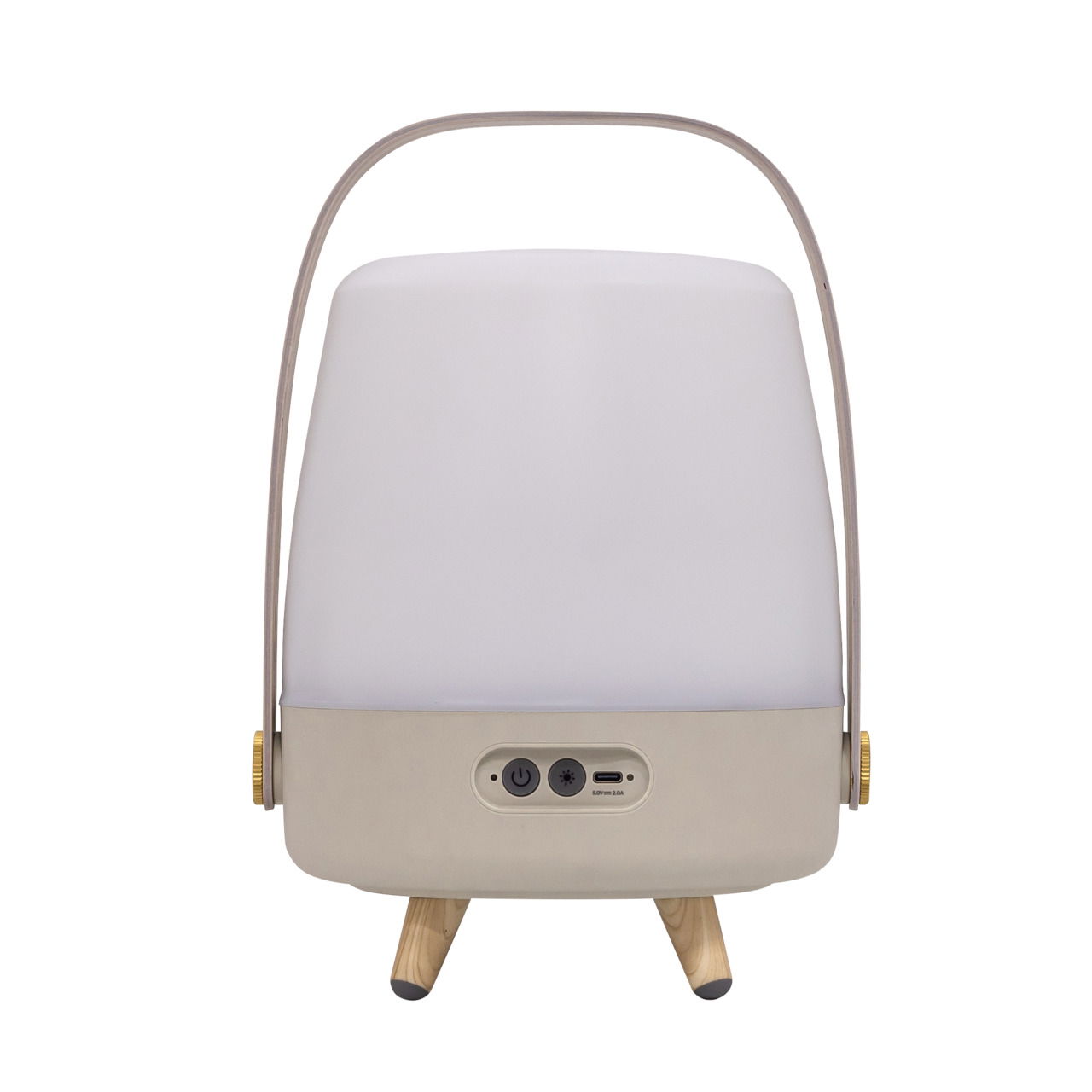 Tragbare Lampe mit Holzfüßen und Griff, Rückansicht mit Anschlüssen sichtbar