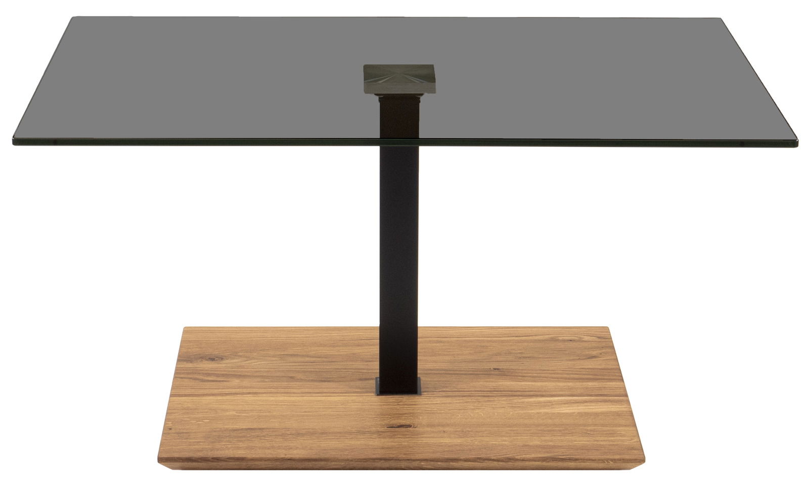 Moderner Couchtisch mit quadratischer Glasplatte, schwarzem Metallgestell und Holzsockel, frontal betrachtet.