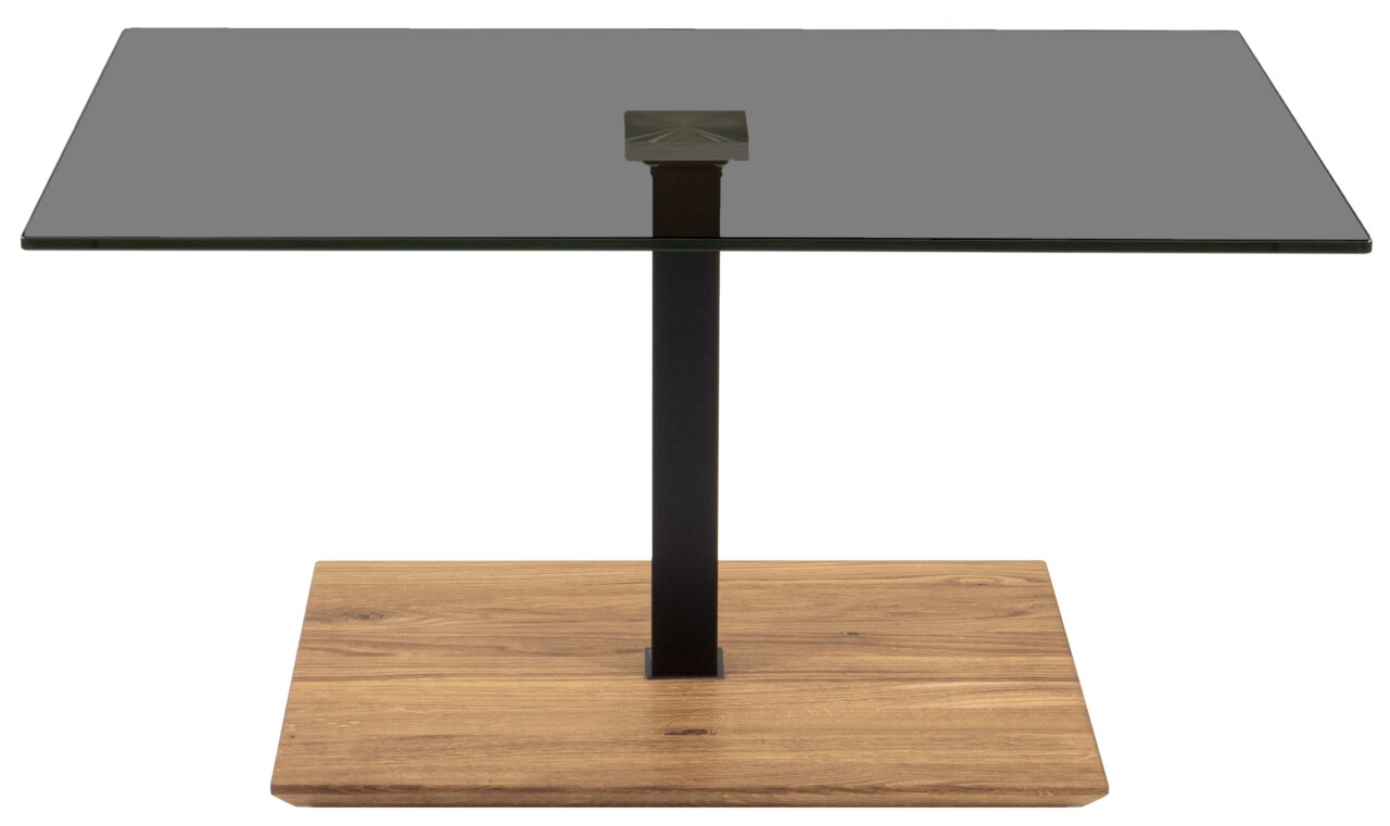 Moderner Couchtisch mit quadratischer Glasplatte, schwarzem Metallgestell und Holzsockel, frontal betrachtet.
