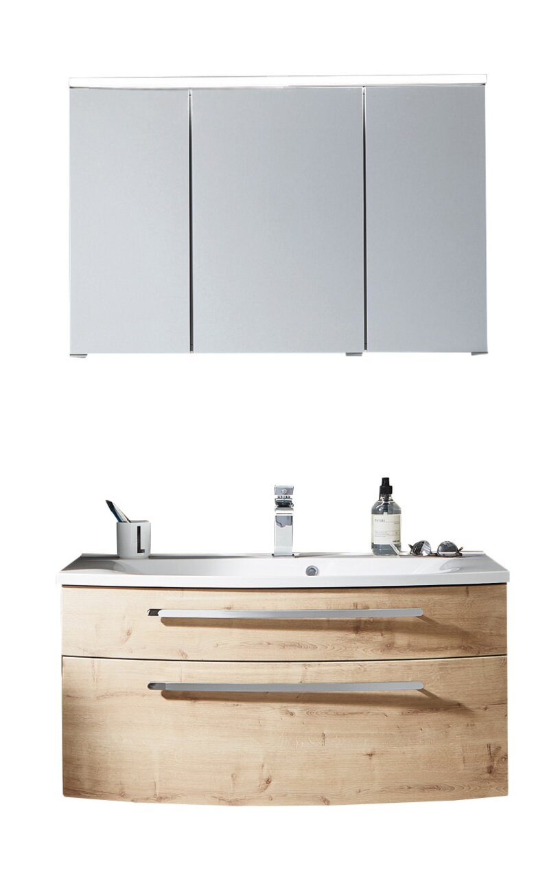 Puris Badblok SPEED Moderner Badblock mit Holzoptik und Spiegelschrank, Frontalansicht