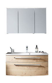 Moderner Badblock mit Holzoptik und Spiegelschrank, Frontalansicht