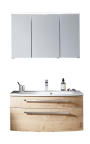 Moderner Badblock mit Holzoptik und Spiegelschrank, Frontalansicht