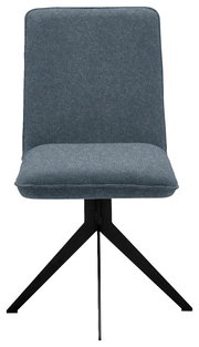 Moderner Stuhl mit grauem Stoffbezug und schwarzem Metallgestell, Frontalansicht