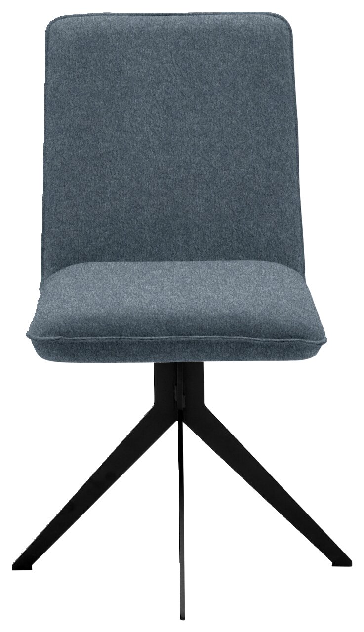 Moderner Stuhl mit grauem Stoffbezug und schwarzem Metallgestell, Frontalansicht