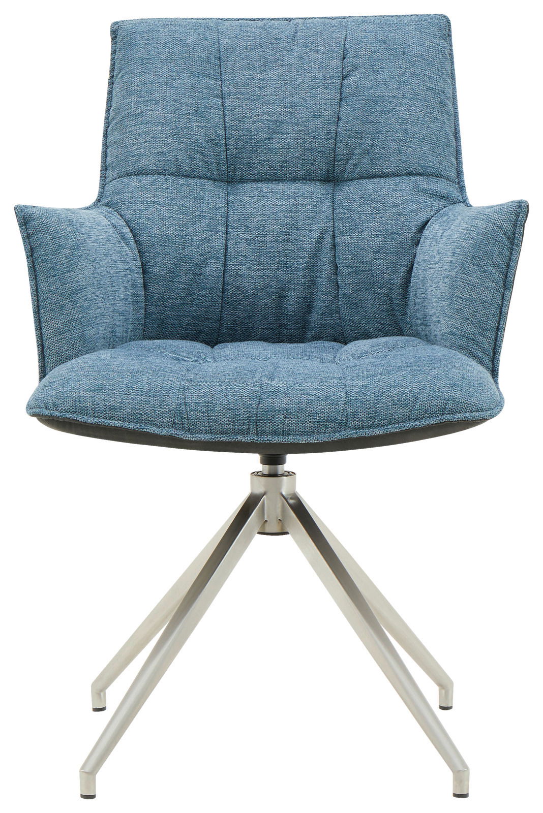 Moderner blauer Sessel mit Metallbeinen, Frontalansicht