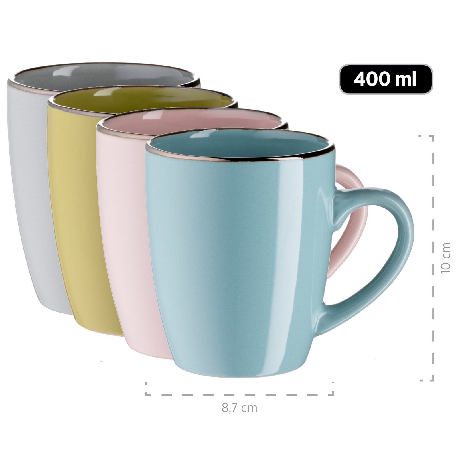 Vier glänzende Keramik-Kaffeebecher in Pastellfarben (blau, rosa, gelb, weiß/grau) mit goldfarbenem Rand, 400 ml, ca. 10 cm hoch und 8,7 cm Durchmesser, schräg von vorn fotografiert