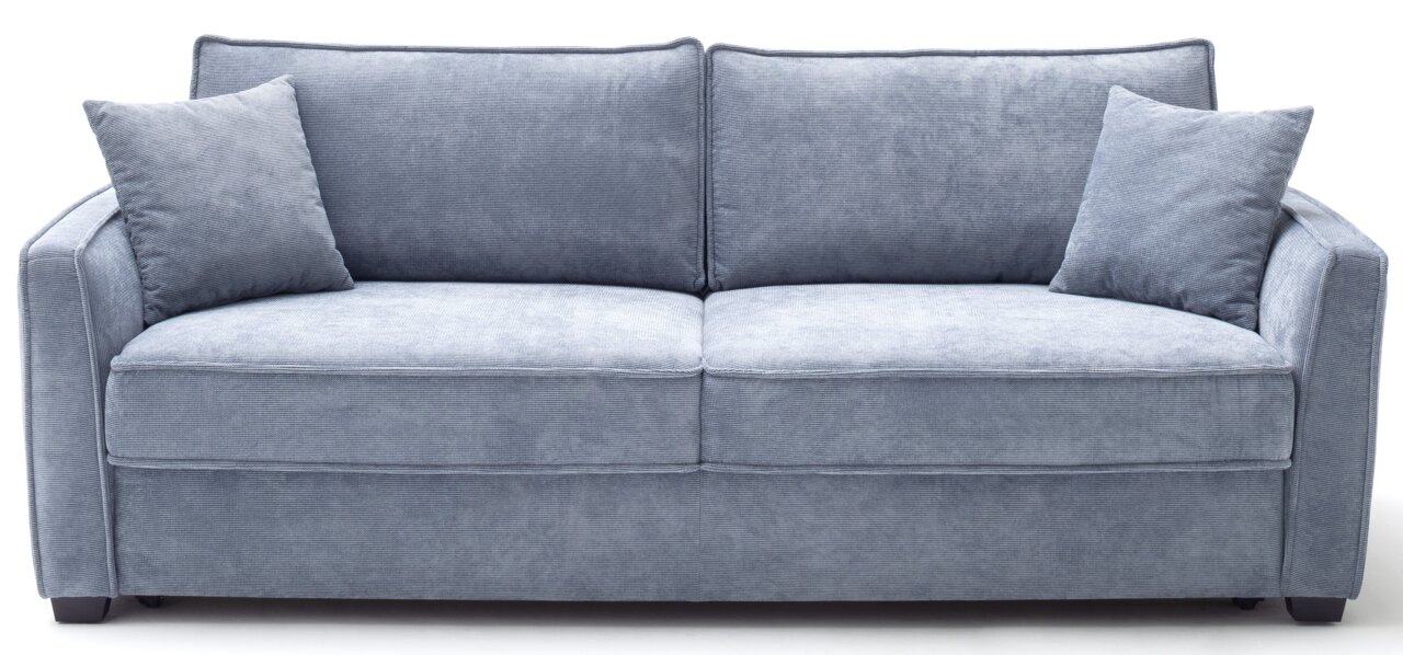 Graues Funktionssofa mit zwei Kissen, Frontalansicht